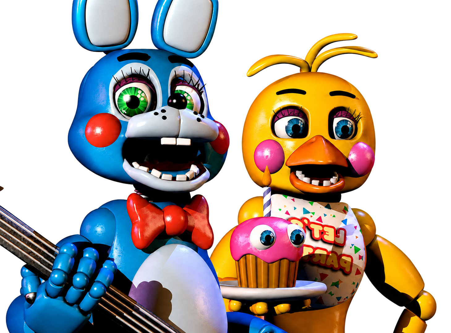 Toy Bonnie playing guitar beside Toy Chica and her cupcake