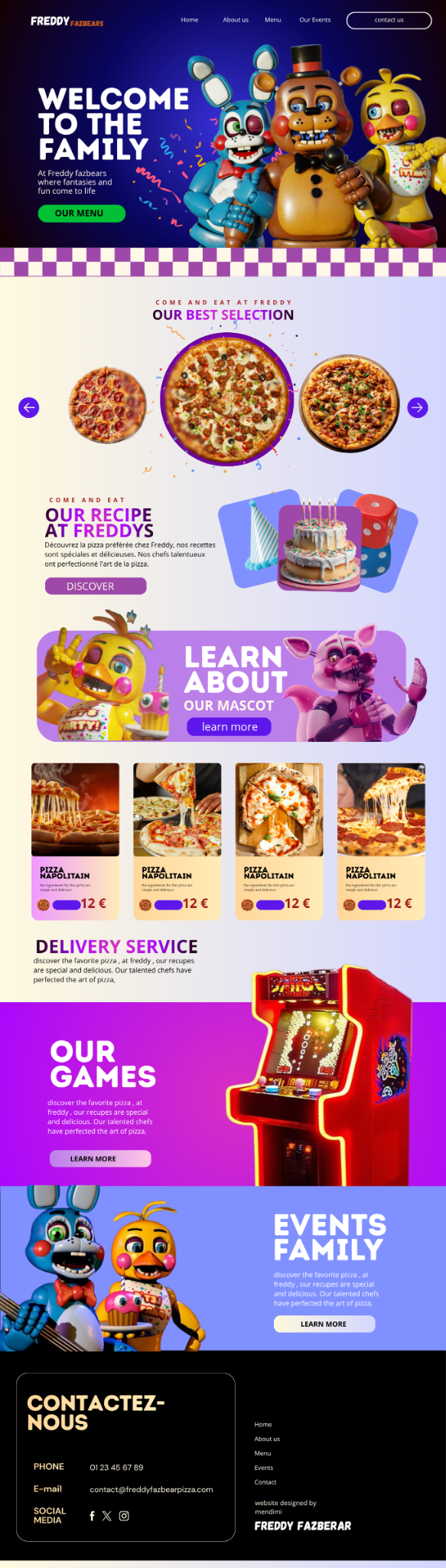 Full-page mockup of the Freddy Fazbear’s Pizza website concept